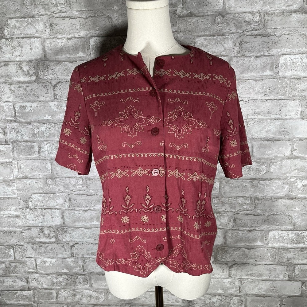Vintage Alfred Dunner Embrodered Boho Floral Button Up Shirt Size 6 Petite
